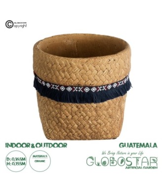 GloboStar® Artificial Garden GUATEMALA 20503 Διακοσμητικό Κεραμικό Κασπώ Γλάστρα - Flower Pot Καφέ με Μπλε Υφασμάτινη Κορδέλα και Λευκές - Κόκκινες Λεπτομέρειες Φ16.5 x Υ15.5cm
